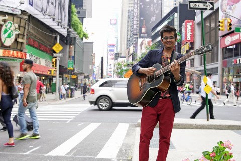 Kartik Shah of Maati Baani performing at Times Square, New York. Photo: Courtesy of the artist.