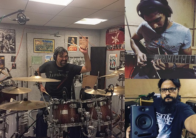 Demonic Resurrection's drummer Virendra Kaith (left), guitarist Nishith Hegde (top right) and frontman Sahil Makhija (bottom right) recording for their upcoming fifth album. Photo: Courtesy of Demonstealer