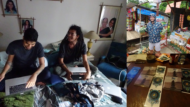 From left: Devesh Dayal (left) and Arman Menzies in Kolkata.  (Bottom right) The band merch on sale at a venue;  (Top right) Krishna Jhaveri upon finding a fruit  that matched his jacket. 