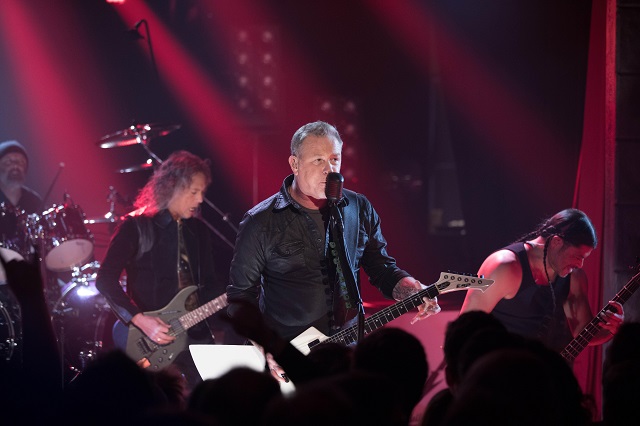 H8KPYB Berlin, Germany. 14th November, 2016. The US metal band Metallica present their new studio album 'Hardwired. To Self-Destruct' on the German broadcaster ProSieben show 'Circus Halligalli' in Berlin, 14 November 2016. The show marks the first appearance of the band on live German TV in 13 years. Photo: Joerg Carstensen/dpa Credit: dpa picture alliance/Alamy Live News