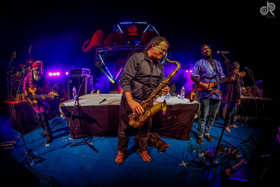 Saxophonist George Brooks jamming with Indian Ocean on the third day. Photo: Courtesy of Taalbelia Festival