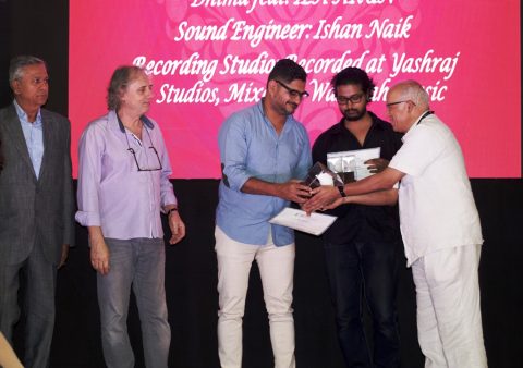 Dhruv Ghanekar receiving the award for Music Producer of the Year ”“ Non-Film for the album “Dhruv Voyage” from Rajkumar Barjatya. Also in the photo (left to right): Anil Chopra ”“ founder and chairman, IRAA Awards, Achille Forler and Ishan Naik.