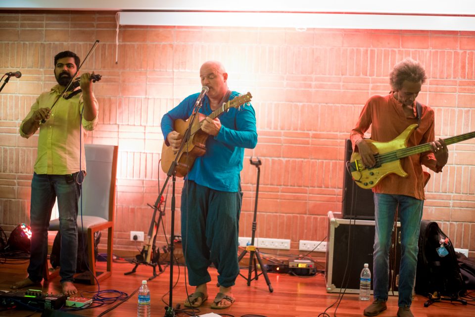 Emergence, an Aurovillean four-piece band, plays opening night at The Storytellers' Bar. Photo: Eben Sam