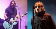 Dave Grohl and Liam Gallagher performing live at concert with guitar and mic