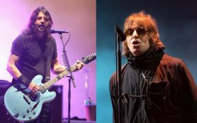 Dave Grohl and Liam Gallagher performing live at concert with guitar and mic