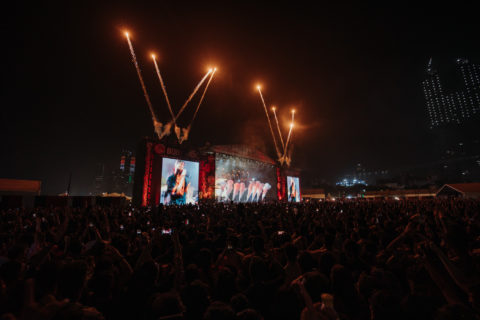 Fireworks go off from the stage at Lollapalooza India music festival in Mumbai