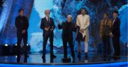 (From second left onwards) Stewart Copeland, Herbert Waltl and Ricky Kej accept the Grammy award for Best Immersive Audio album for 'Divine Tides.'