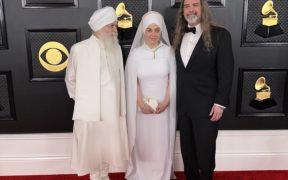 White Sun members Adam Berry, Gurujas Khalsa and Harijiwan on the red carpet at the Grammys 2023 in Los Angeles