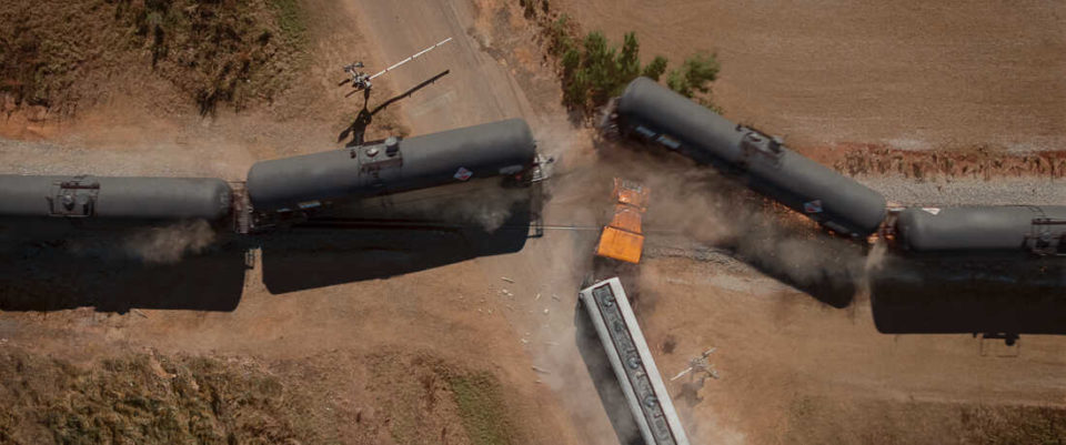 A scene of train derailment from the film 'White Noise' on Netflix