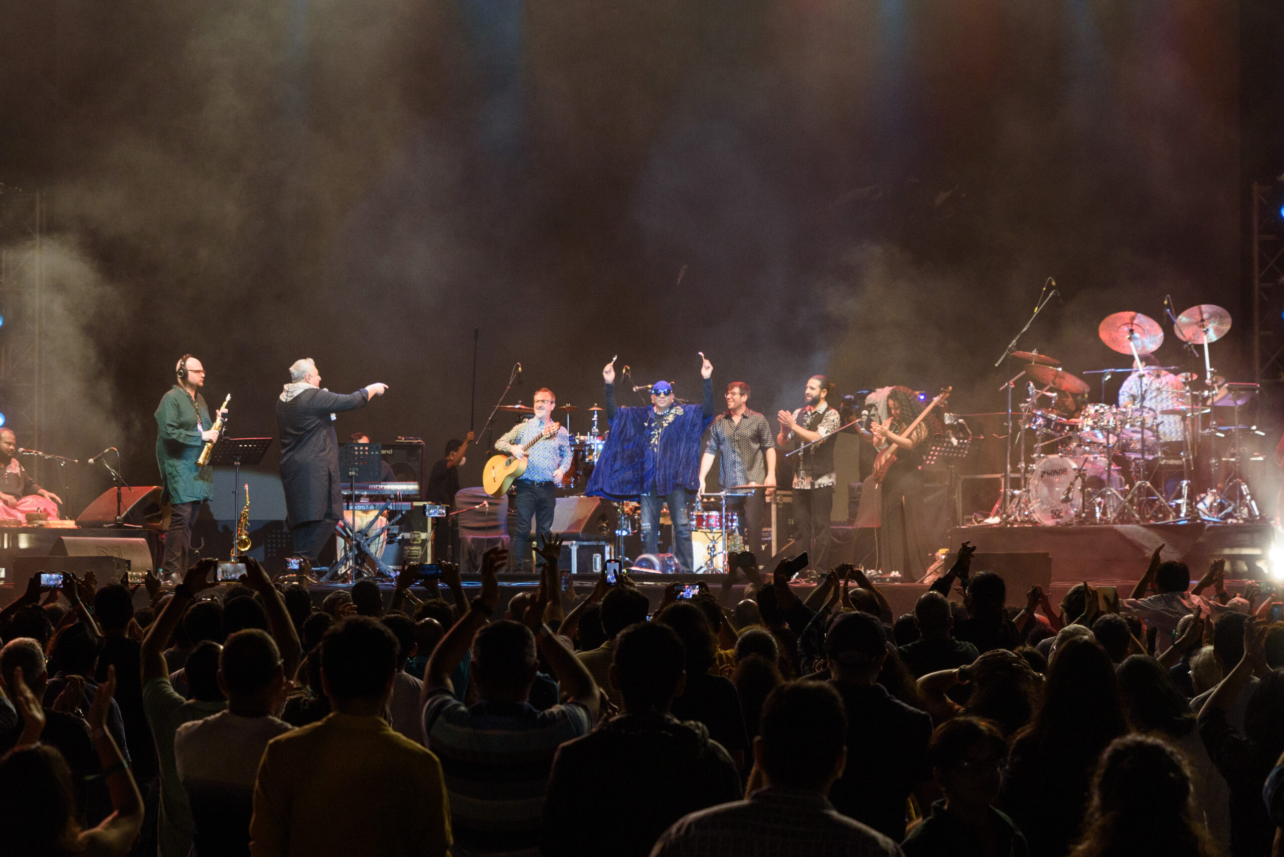 Artists on stage at the Mahindra Percussion music festival in Bengaluru in March 2023 at Jayamahal Palace Hotel grounds