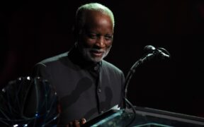 Recipient of Jazz at Lincoln Center's Award for Excellence, NEA Jazz Master Ahmad Jamal speaks on stage at the Jazz at Lincoln Center 2016
