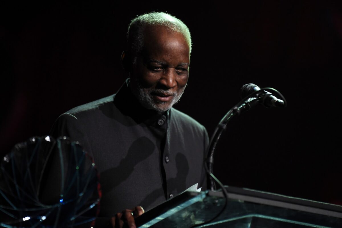 Recipient of Jazz at Lincoln Center's Award for Excellence, NEA Jazz Master Ahmad Jamal speaks on stage at the Jazz at Lincoln Center 2016