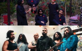A collage featuring band members of New Delhi acts Peter Cat Recording Co and Bloodywood