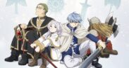 A promotional poster showing the characters from anime 'Frieren Beyond Journey's End' seated together