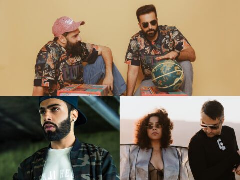 DJ-producer duo Tech Panda and Kenzani in matching print shirts, Raxstar looking away in a cap, Hari And Sukhmani wearing sunglasses