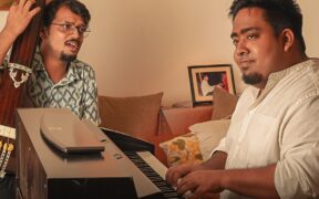 Vocalist Prateek Narsimha holding a tanpura with indie artist Anirudh Varma at a piano
