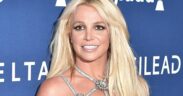 Britney Spears smiling and posing for photos in a silver dress