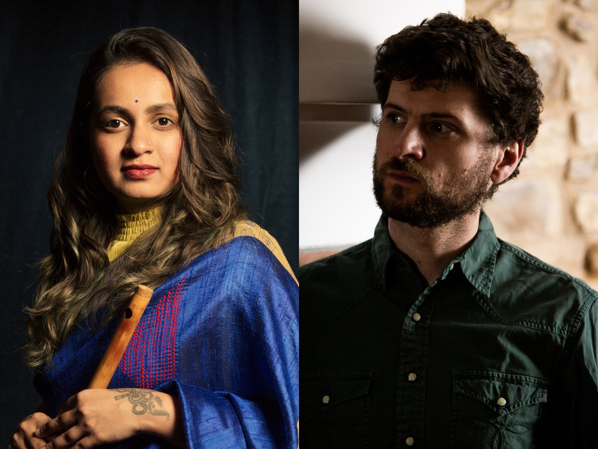 Varijashree Venugopal wearing blue sari and holding flute with Michael League in green shirt