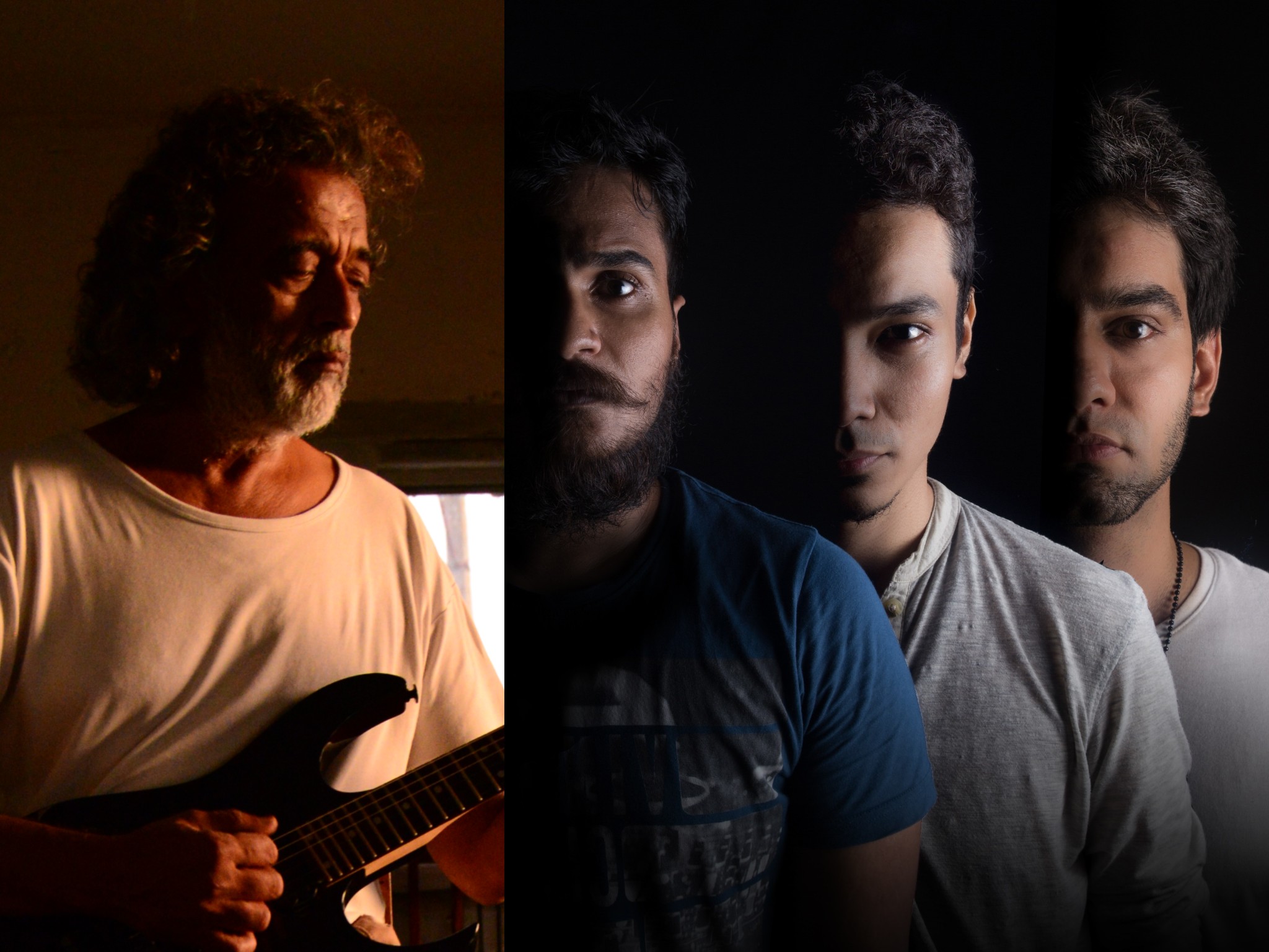 Lucky Ali with long hair playing guitar and silhouette of members of The Local Train - Ramit Mehra, Paras Thakur and Sahil Sarin