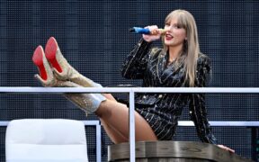 Taylor Swift performs onstage during the Eras Tour at Wembley Stadium