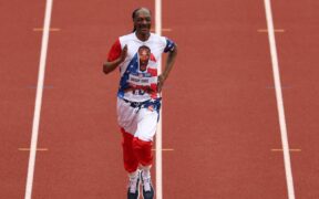 Snoop Dogg doing sprints at the Team USA 2024 track and field trials in Eugene, Oregon