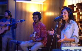 Music artists Utsavi Jha, guitarists Chirag Todi performing in a studio