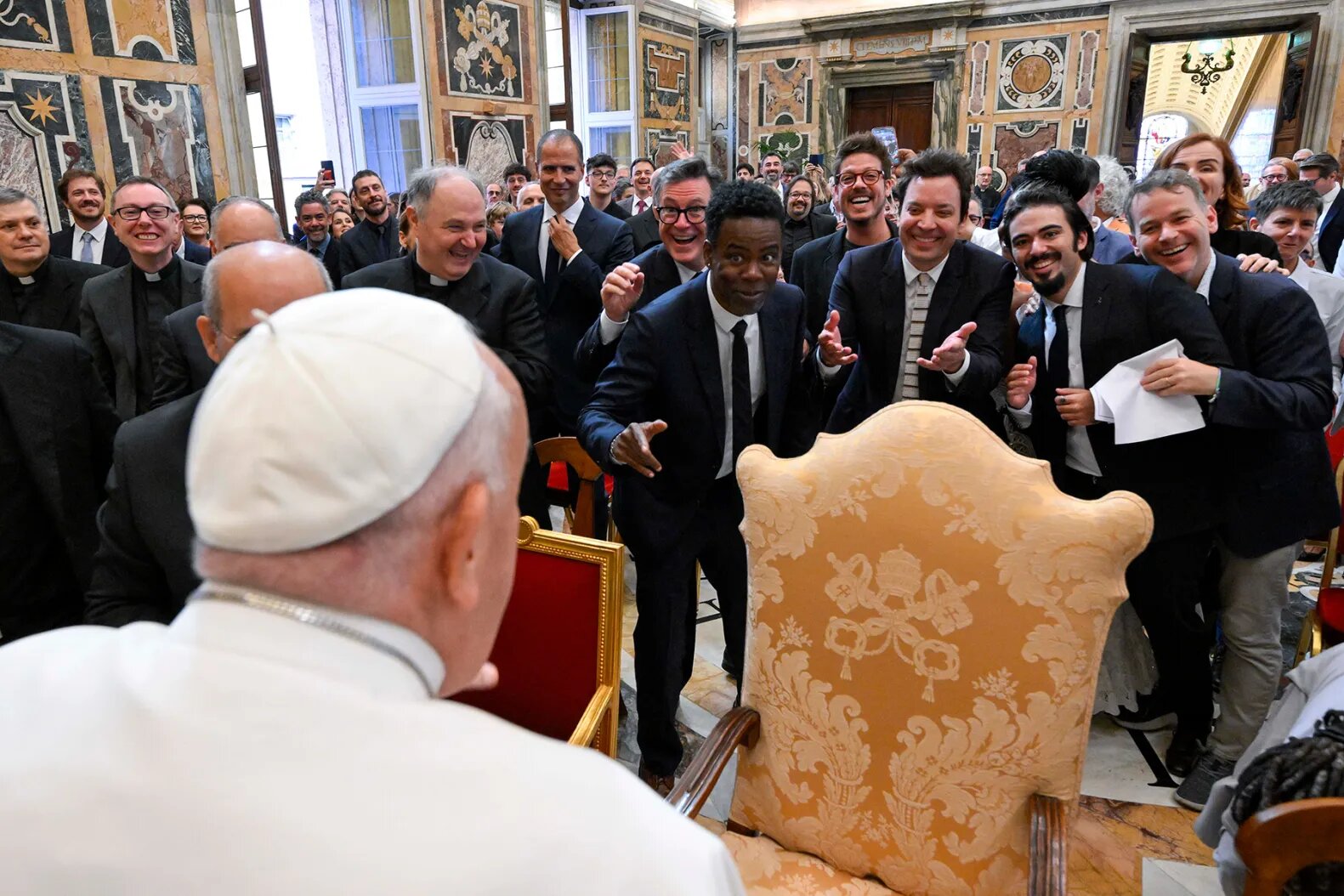 Pope Francis meets with comedians including Chris Rock, Jimmy Fallon and Stephen Colbert at the Apostolic Palace