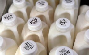 Bottles of raw milk are displayed for sale at a store in Temecula