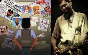 Detective Dotson animated game and Nikhil Rao holding guitar