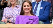 Catherine Princess of Wales laughing court-side of Centre Court during the men's final on day fourteen of the Wimbledon Tennis Championships at the All England Lawn Tennis and Croquet Club in London, England