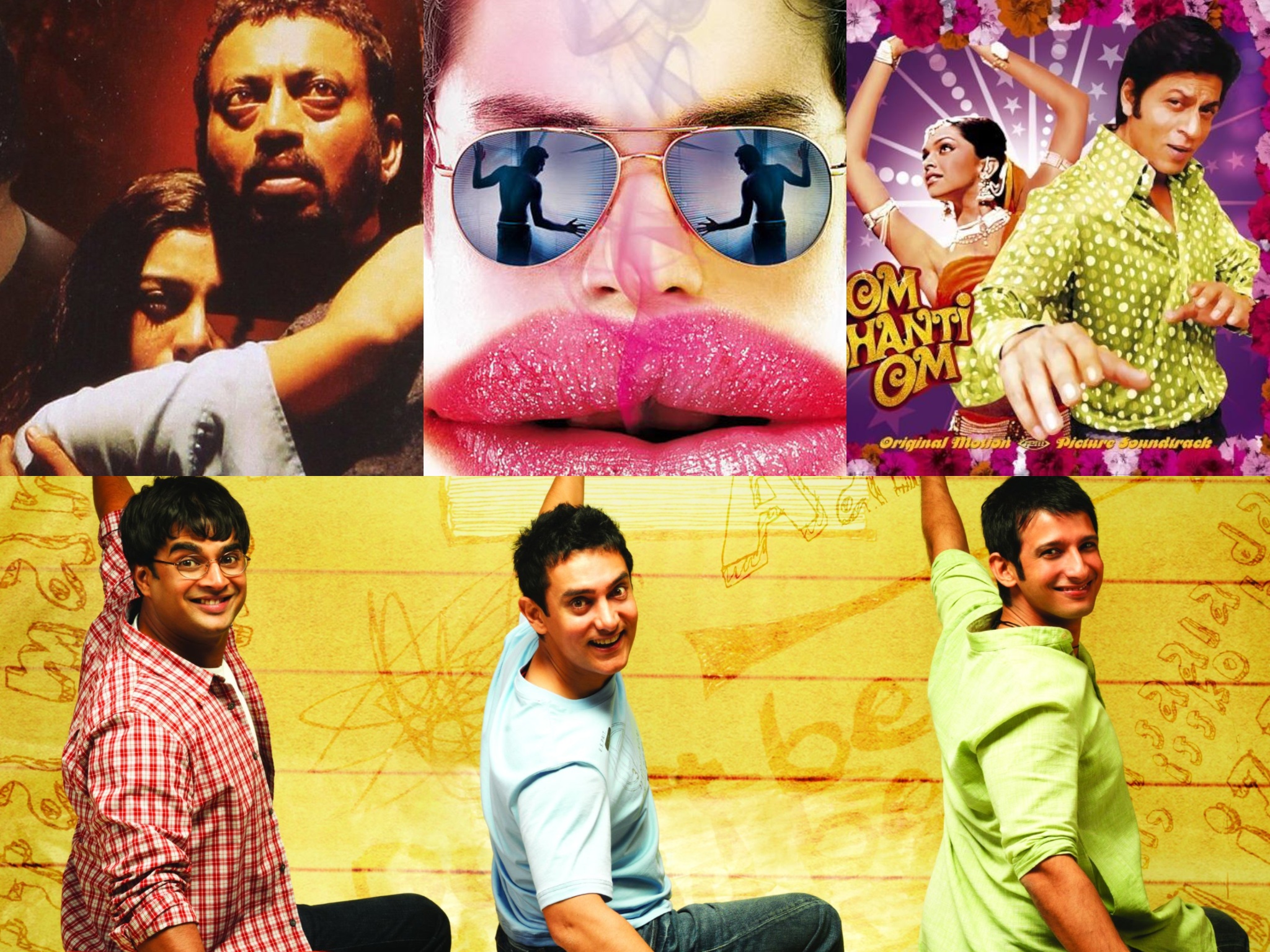 (Clockwise from top left) Posters of 2000s Bollywood movies like 'Maqbool,' 'Dev. D,' 'Om Shanti Om' and '3 Idiots.'