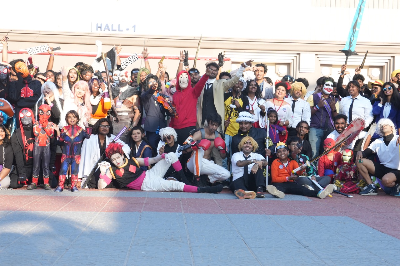 Cosplayers pose for a photo at Comic Con Chennai 2024