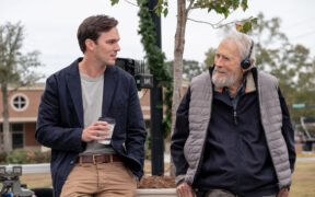 Clint Eastwood and Nicholas Hoult on set during the filming of 'Juror #2.