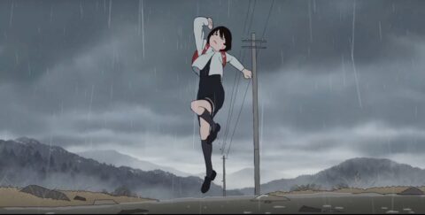 Fujino dancing in the rain in the film adaptation of the manga 'Look Back.'