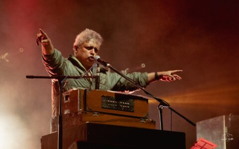 Piyush Mishra performing on stage with arms in the air, singing into a mic with a harmonium in front of him