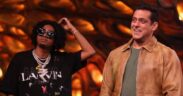 MC Stan in black and Salman Khan in a brown jacket smiling on the sets of 'Bigg Boss 16'