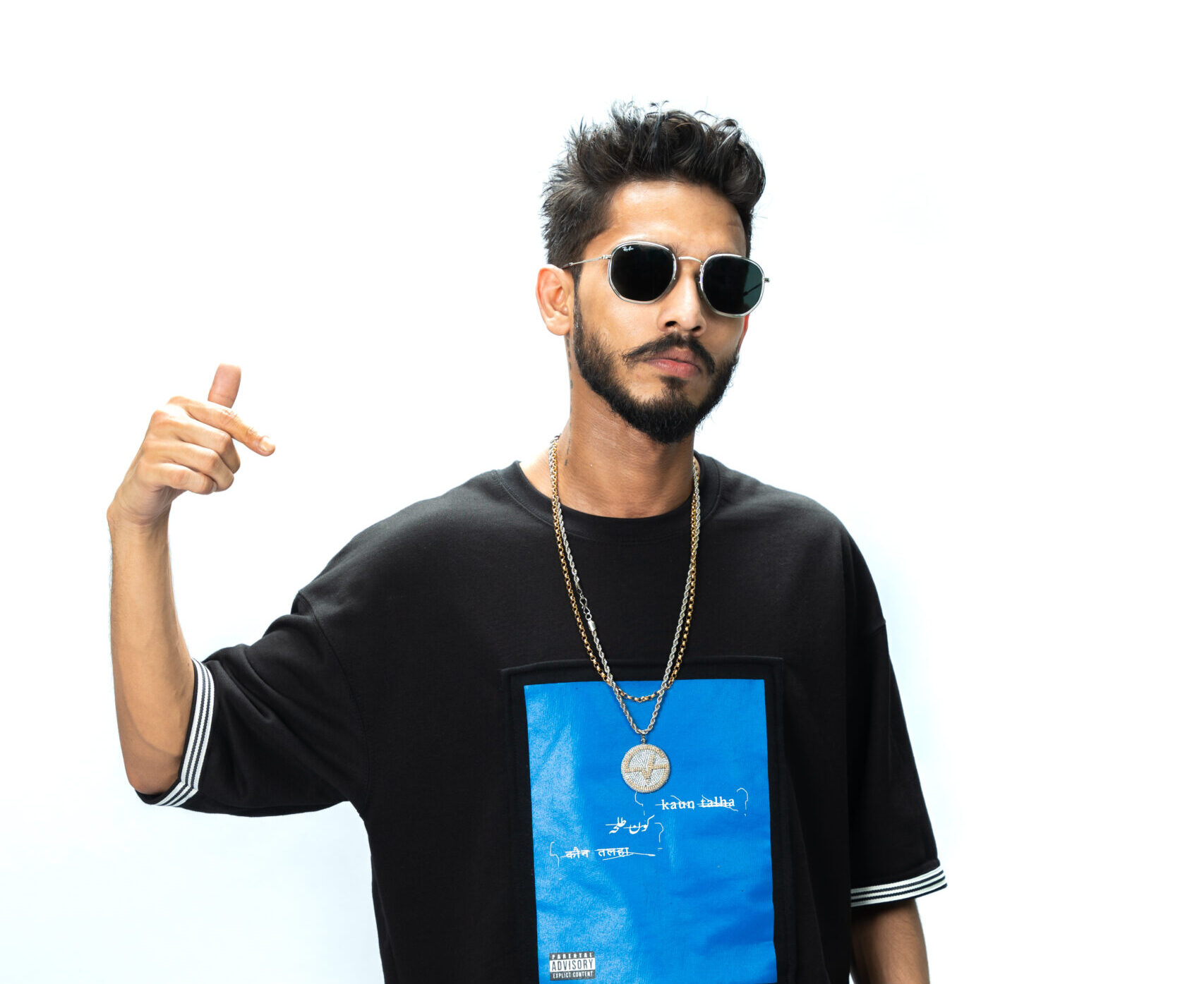 Talha Anjum wearing black tshirt with blue design, gold chain and black sunglasses