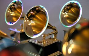 Grammy trophies sit in the press room during the 64th Annual GRAMMY Awards on April 3, 2022