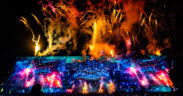 Big Beast stage with fireworks and visuals and lights at MDLBeast Soundstorm music festival 2024 in Riyadh, Saudi Arabia