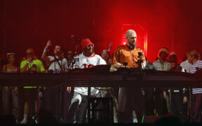 FISHER and Chris Lake perform at the Outdoor Theatre during the 2023 Coachella Valley Music and Arts Festival on April 16, 2023 in Indio, California