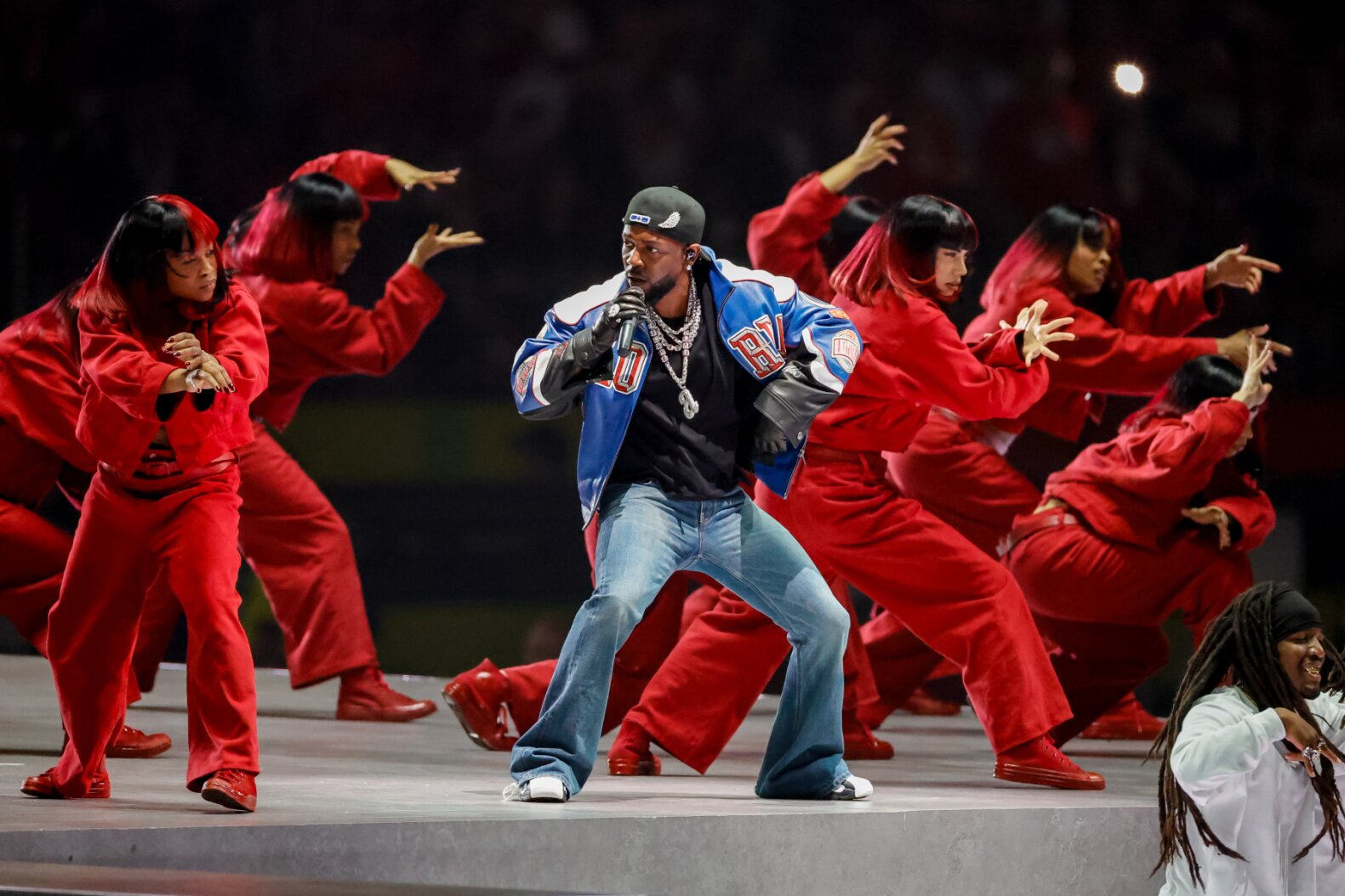 Kendrick Lamar performing at the Super Bowl LIX halftime show