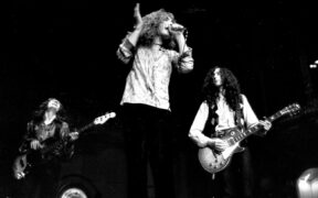 John Paul Jones, Robert Plant, and Jimmy Page, onstage in Dusseldorf, Germany