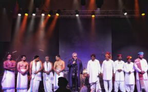 Drummer Ranjit Barot with the Beat Route peccussionists on stage