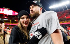 Taylor Swift and Travis Kelce after the AFC Championship football game, January 2025.