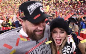 Taylor Swift celebrates with Travis Kelce at Arrowhead Stadium